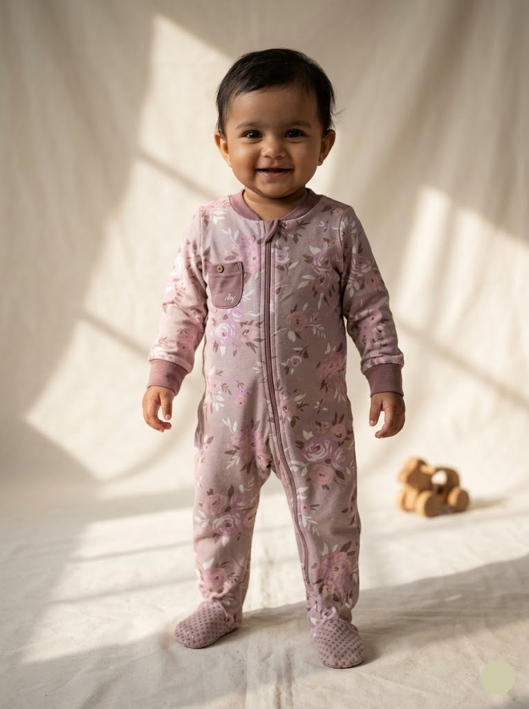 baby's jumpsuit/sleepsuit with shoe - peach rose (Two way zip)