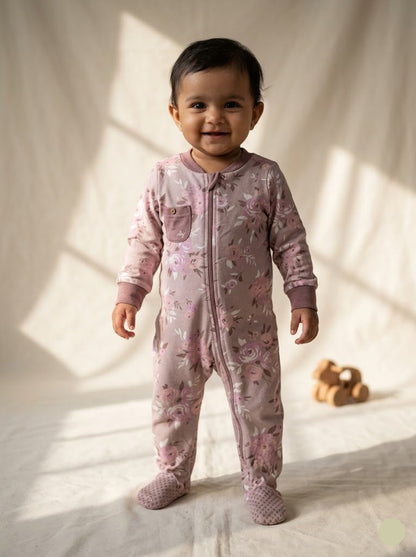 baby's jumpsuit/sleepsuit with shoe - peach rose (Two way zip)