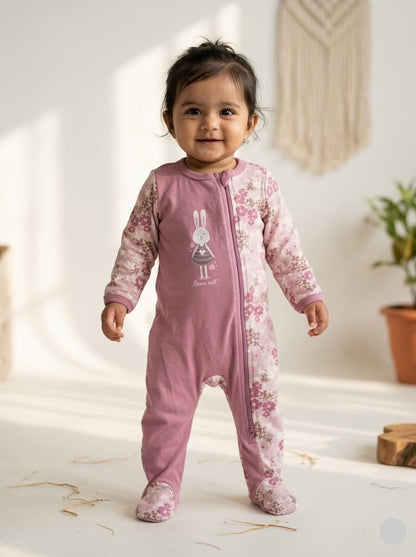 baby's jumpsuit/sleepsuit with shoe - pink bunny (Two way zip)