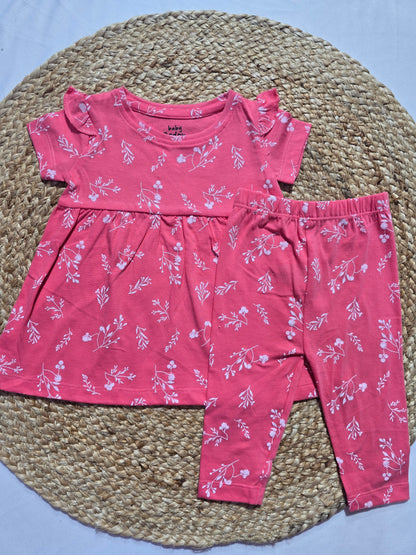 Baby's frock pant set - w.pink flower