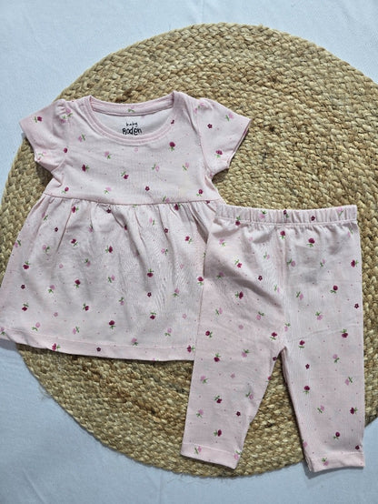 Baby's frock pant set - pink small blossom
