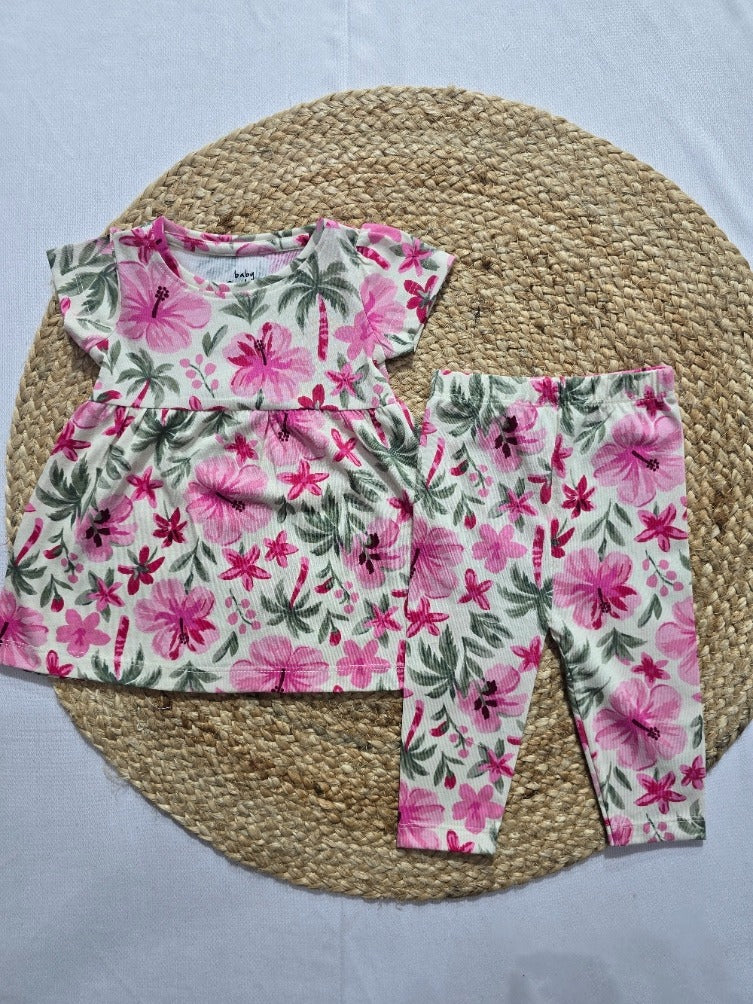 Baby's frock pant set - pink blossom tree