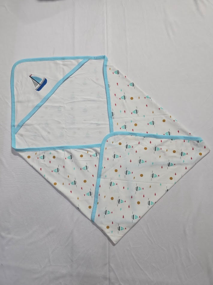 Baby's Hooded wrapper blanket - blue boat